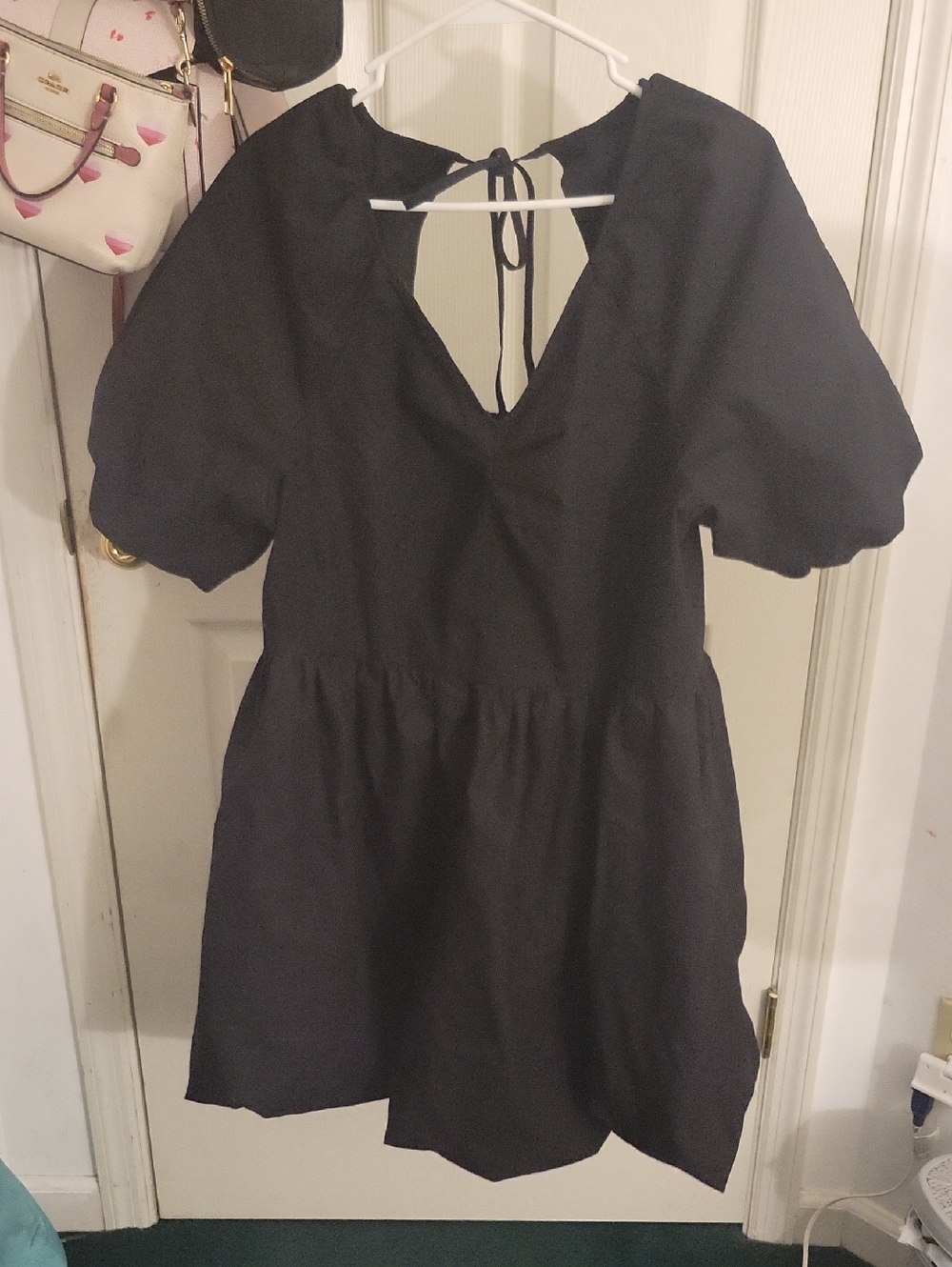 Time and Tru Black Puff-Sleeve Mini Dress with Tie Back